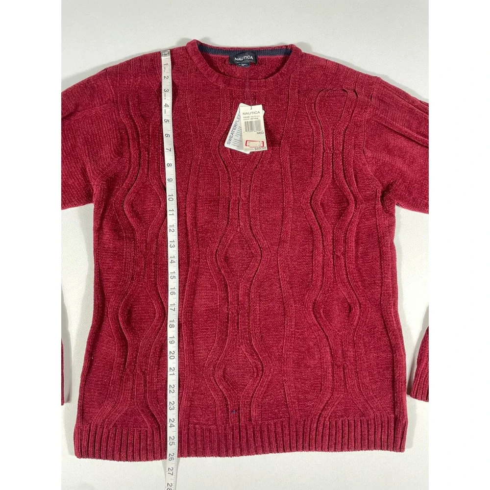 Nautica Mens Sweaterfleece Crewneck Wavy Cable Knit Sweater Burgundy Medium NWT